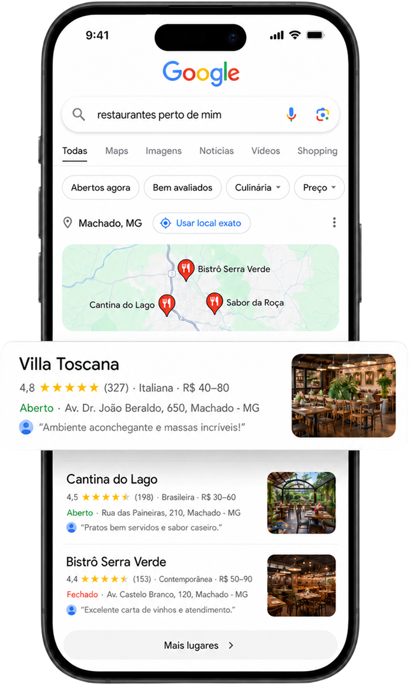 Mockup de celular mostrando empresa em primeiro lugar no Google Meu Negócio