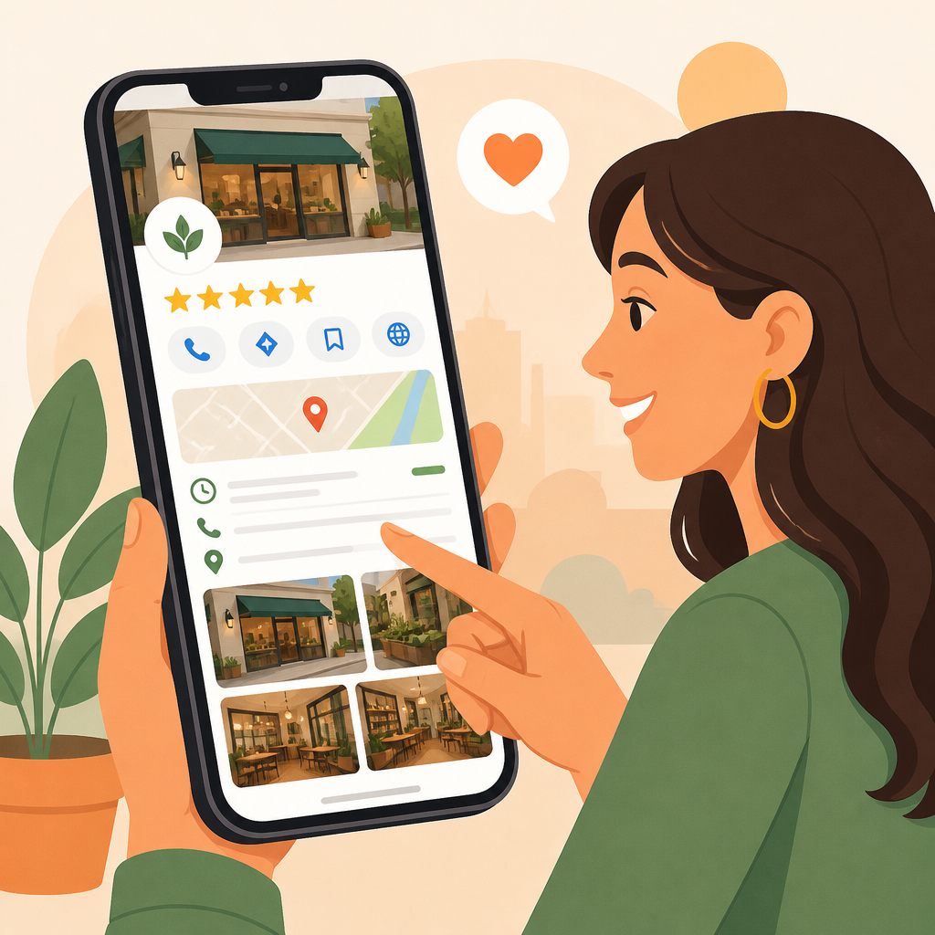 Ilustração: cliente satisfeita olhando o Perfil completo da empresa no Google com 5 estrelas, fotos e mapa