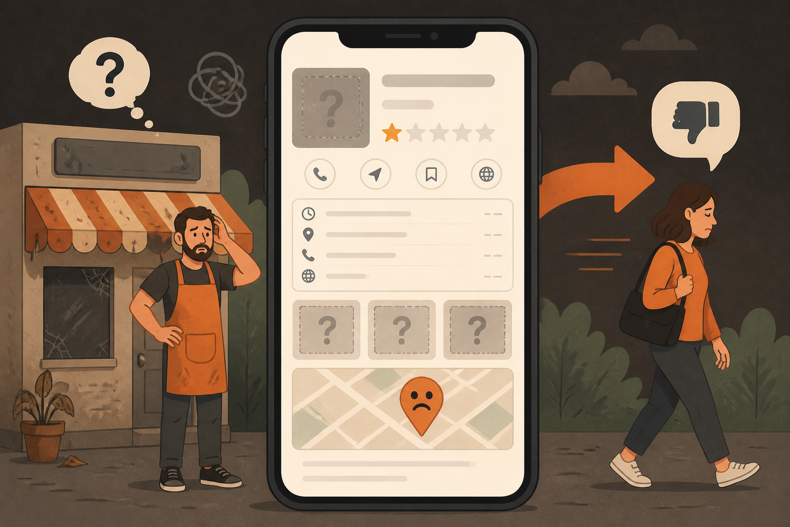 Ilustração de um perfil do Google incompleto fazendo o cliente ir embora