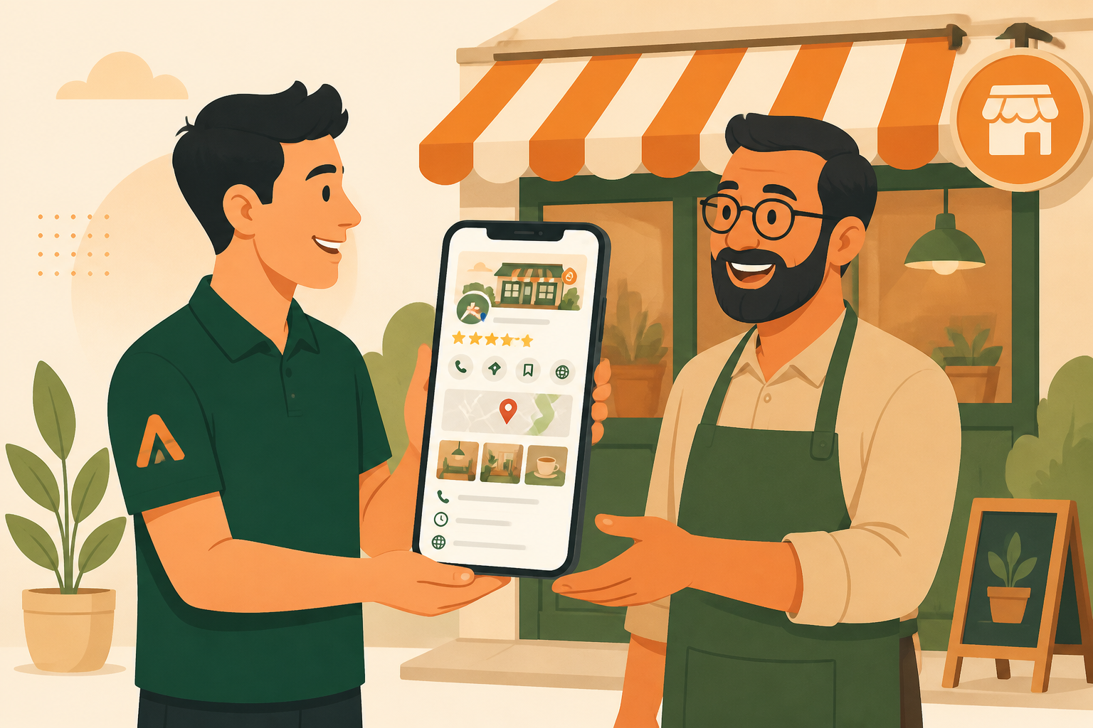 Ilustração: equipe Elevvo entregando o Perfil completo no Google a um lojista